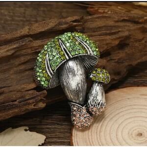 Boutique Mushroom Brooch Pin Silvertone Rhinestone Caps
